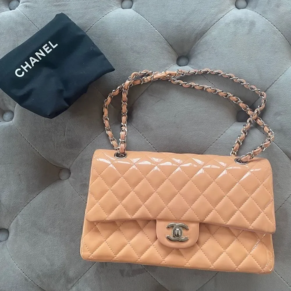 CHANEL Classic Medium Double Flap Bag peach patent